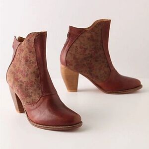 Anthropologie Hyssop Ankle Booties Red Heels Size 6.5 Brown Leather Ankle Boots